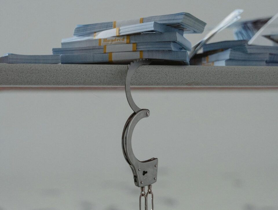 Image of bound cash bundles and handcuffs illustrating concepts of crime and bribery.